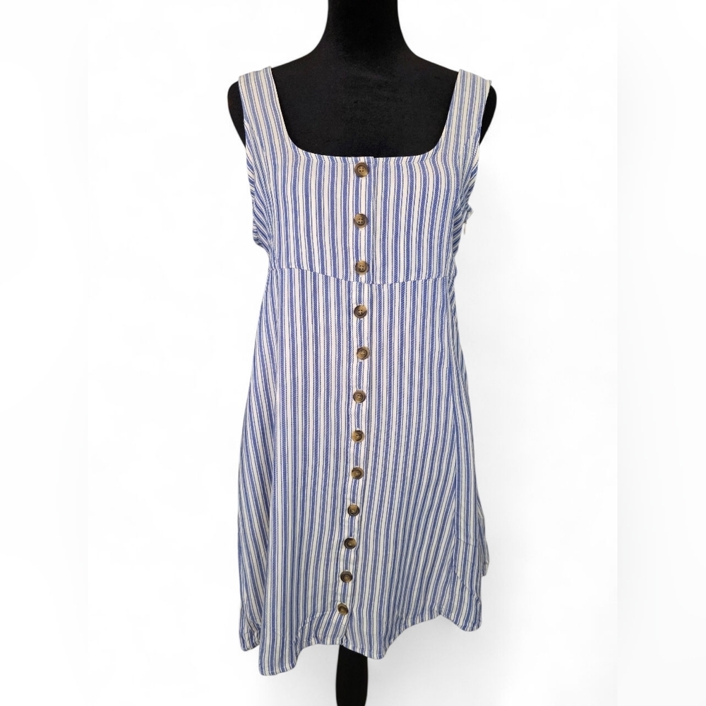 American Eagle Blue White Striped Button Front Mini Dress Tie Back Size M